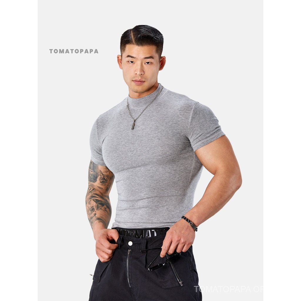 TOMATOPAPA เสื้อยืดแขนสั้น สไตล์กีฬา ทรงกระชับ แสดงกล้ามเนื้อ