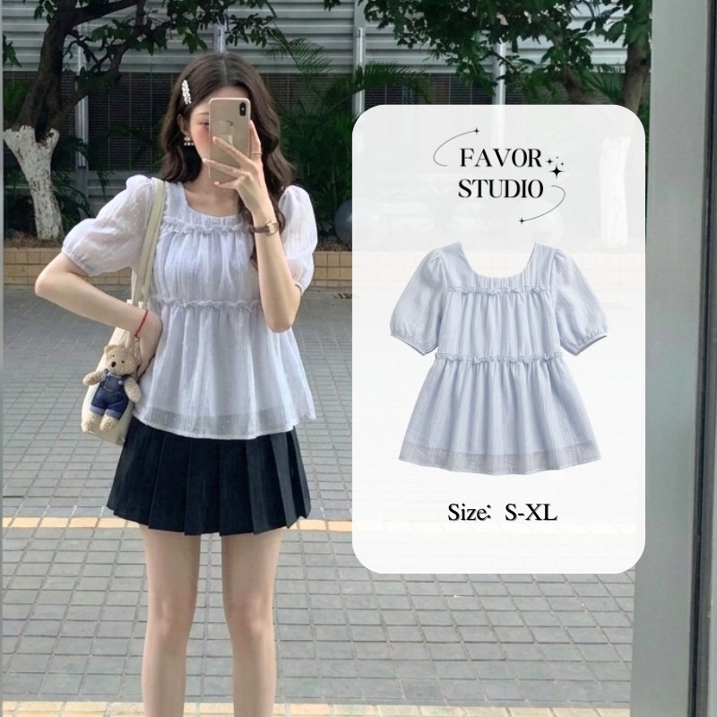 EVIOVIO (S-XL)🩵เสื้อระบายสีฟ้าพาสเทล แต่งกลิตเตอร์ประกายดาว แมทช์ง่ายทุกลุค ชุดไปเที่ยว ชุดไปคาเฟ่ แฟชั่น พร้อมส่งในไทย🚚