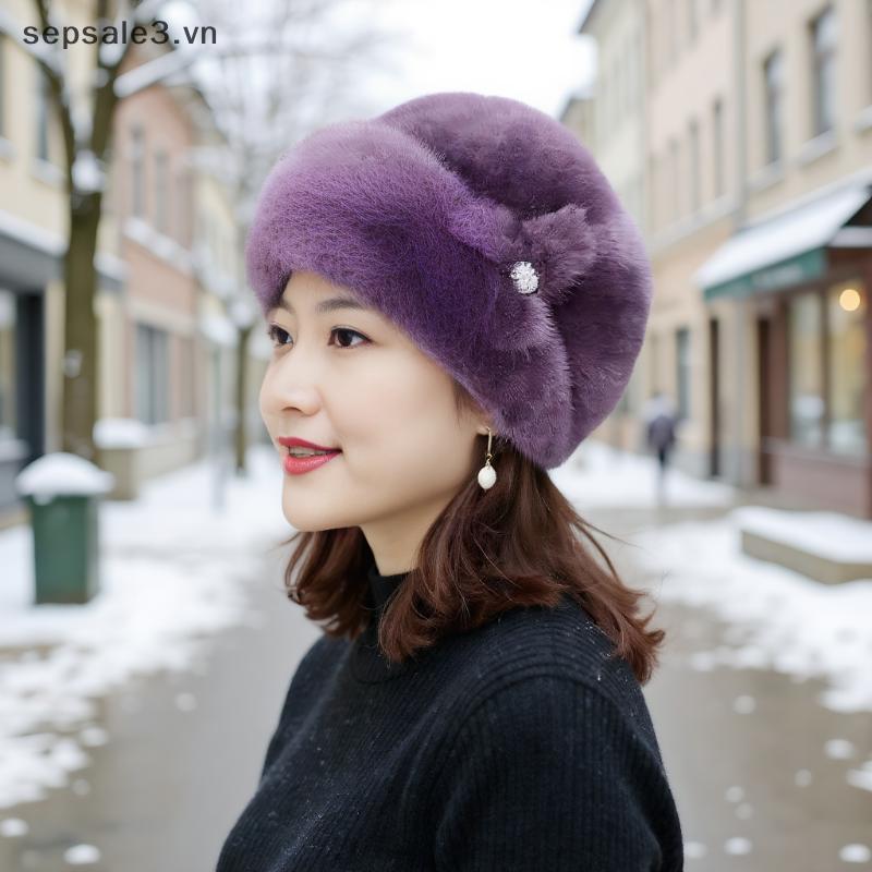 Sepsale Woman Faux Fur Winter Hat Thiened Keep Warm Middle-aged Cap Flower Decor Buet Hats Cap.