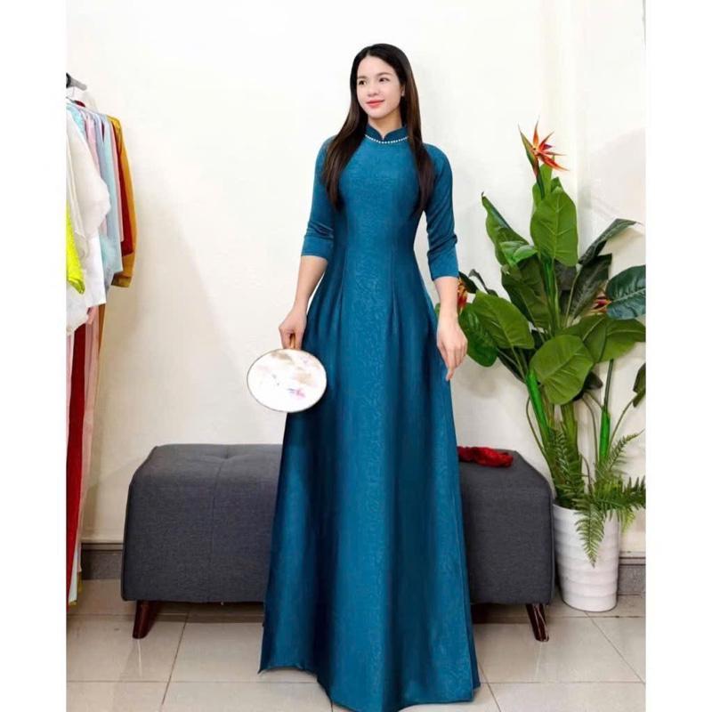 ผ้าไหม Ao Dai แบบดั้งเดิม ผ้าไหมเส้นเลือดหัก คอ 3 ซม. แขนยาว A-Line คอเป็ด
