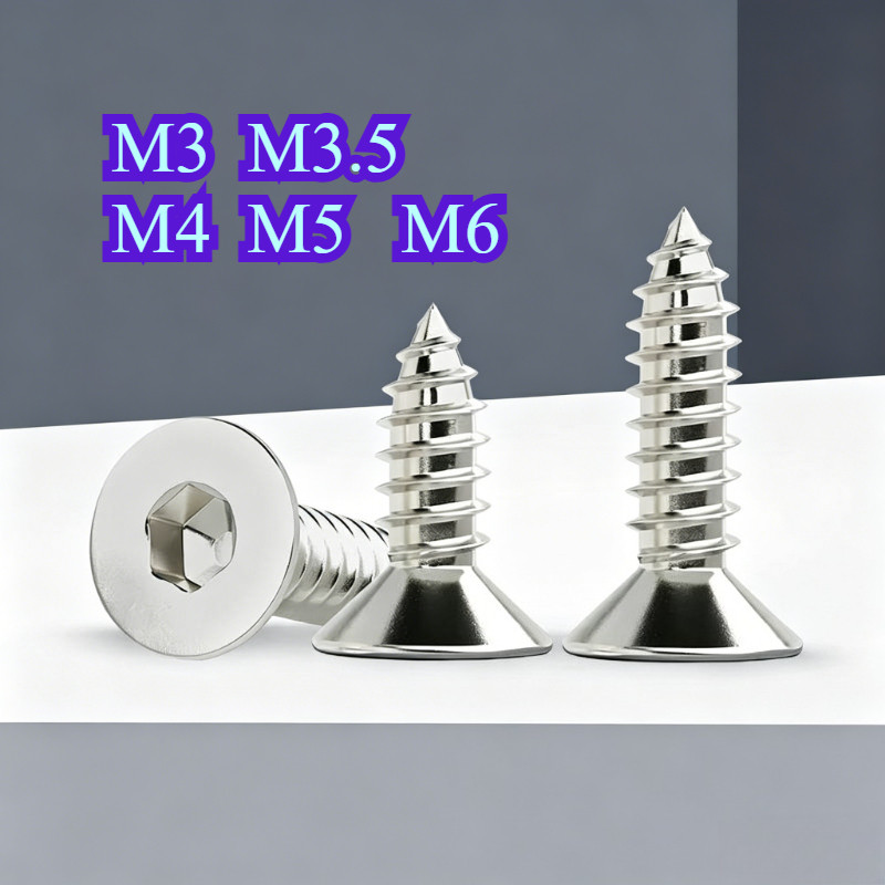สกรูแตะตัวเองหกเหลี่ยมหัวแบนชุบนิกเกิลสกรูไม้หัวจม M3/M3.5/M4/M5/M6 * L6-50 มม.WY