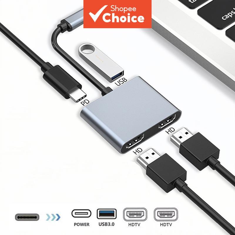 ฮับ USB-C อเนกประสงค์ 4-in-1 รองรับการแสดงผลแยกจอแบบ Dual HDMI 4K พร้อมชาร์จเร็ว PD ผ่านพอร์ต USB สําหรับแล็ปท็อป