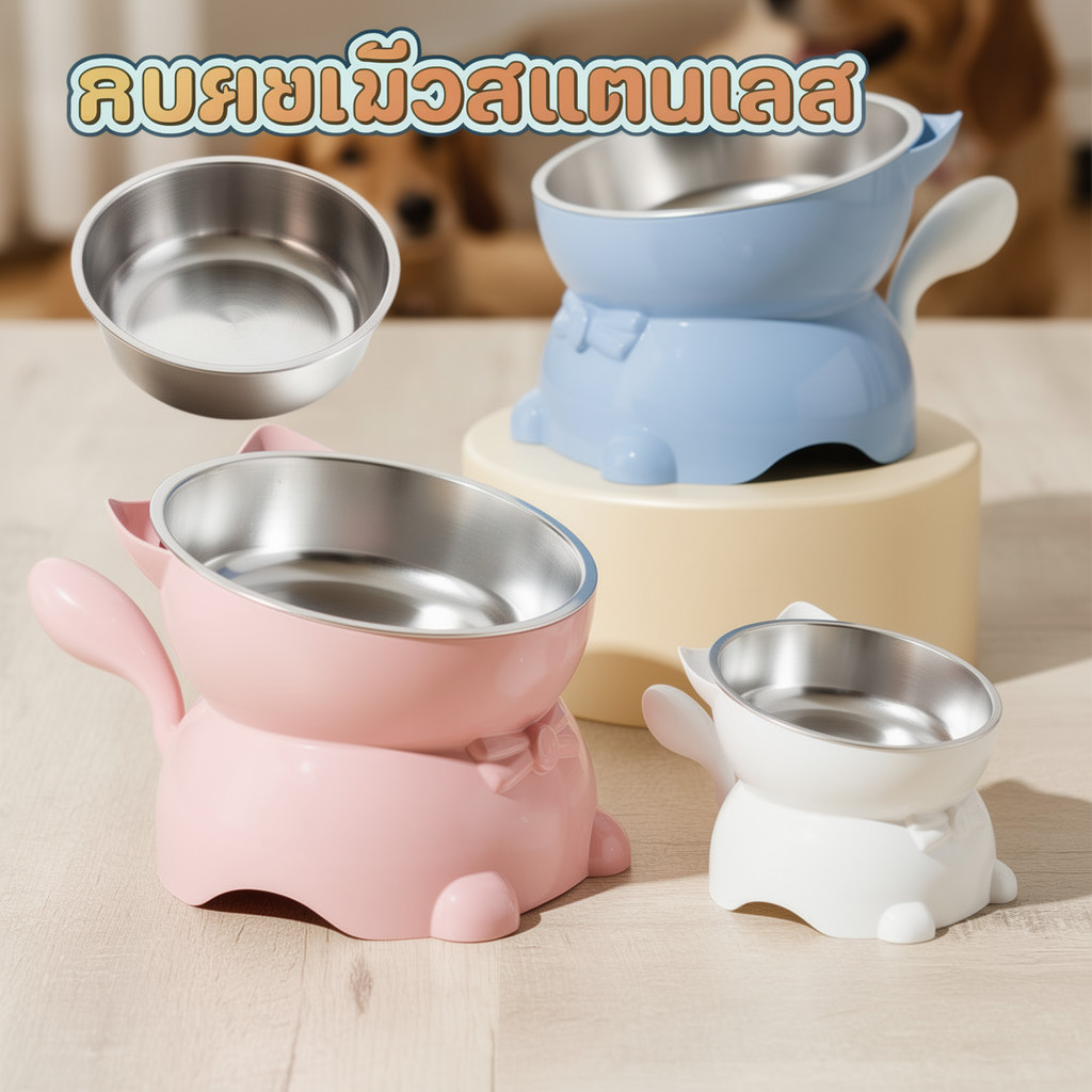 ชามแมวเอียง ชามอาหารแมว ชามน้ำแมว สแตนเลส ยกสูง ถอดแยกได้ กันหก ฐานมั่นคง สุนัข แมว