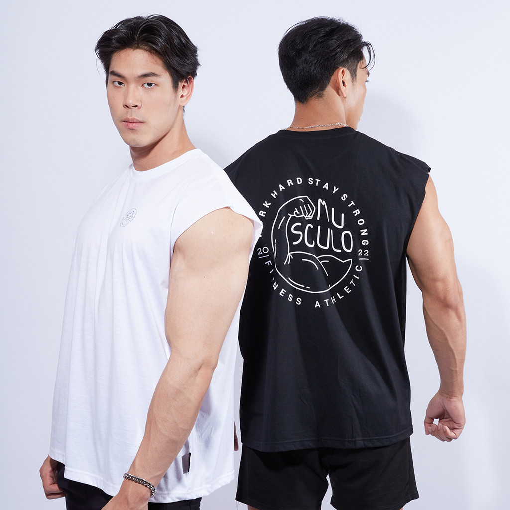เสื้อกั๊กแขนกุดลาย MUSCULO FITNESS ผ้าดำ 100% Cotton สไตล์ออกกำลังกาย แฟชันสตรีท มีบุคลิก Unisex ขนาด S-3XL