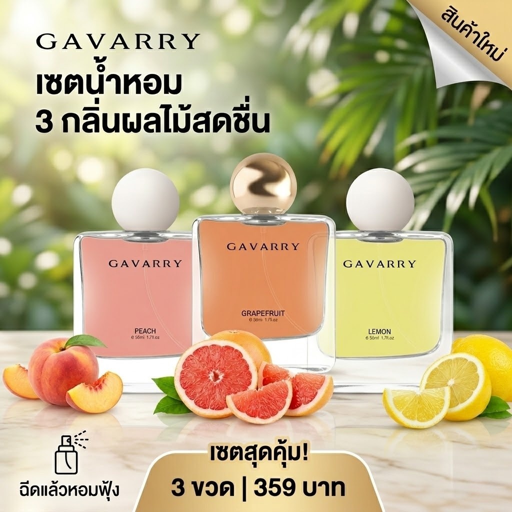 GAVARRY เซตน้ำหอม 3 กลิ่นผลไม้สดชื่น หอมติดทนนาน 3 ขวดคุ้มมาก 359.- ของแท้ 100% กลิ่น Peach/Lemon/Grapefruit