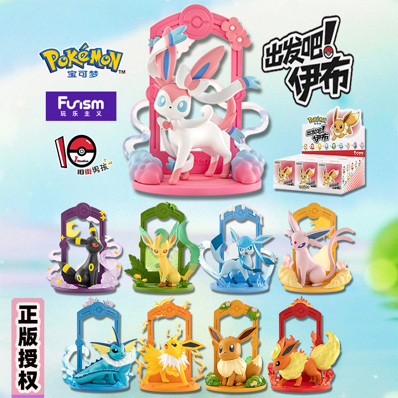 ของแท้ Pokémon Eevee Mystery Box Lets Go Fairy Water Fire Moon คอลเลกชันของขวัญทํามือยี่ห้อใหม่สีเขี