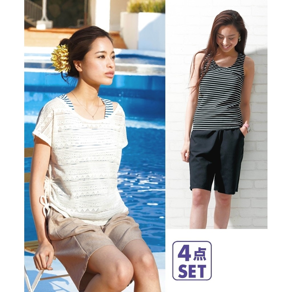 [จัดส่งจากประเทศญี่ปุ่น] Nissen_  ชุดว่ายน้ำ 4 ชิ้น เสื้อคลุมซีทรูลายขวาง สุดน่ารัก! พรางหุ่นดีเยี่ย
