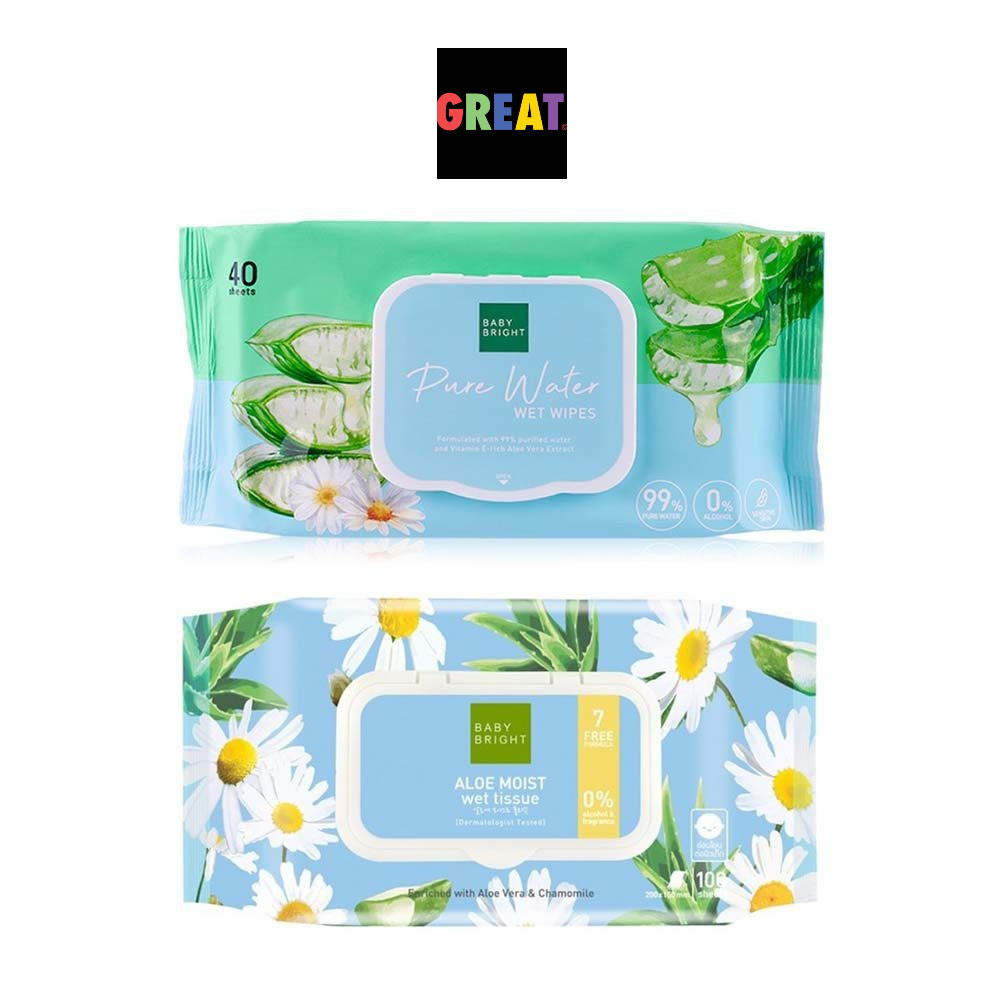 ทิชชู่เปียกอเนกประสงค์ Baby Bright Pure Water Wet Wipes 40 แผ่น Aloe Moist Wet Tissue 100 แผ่น