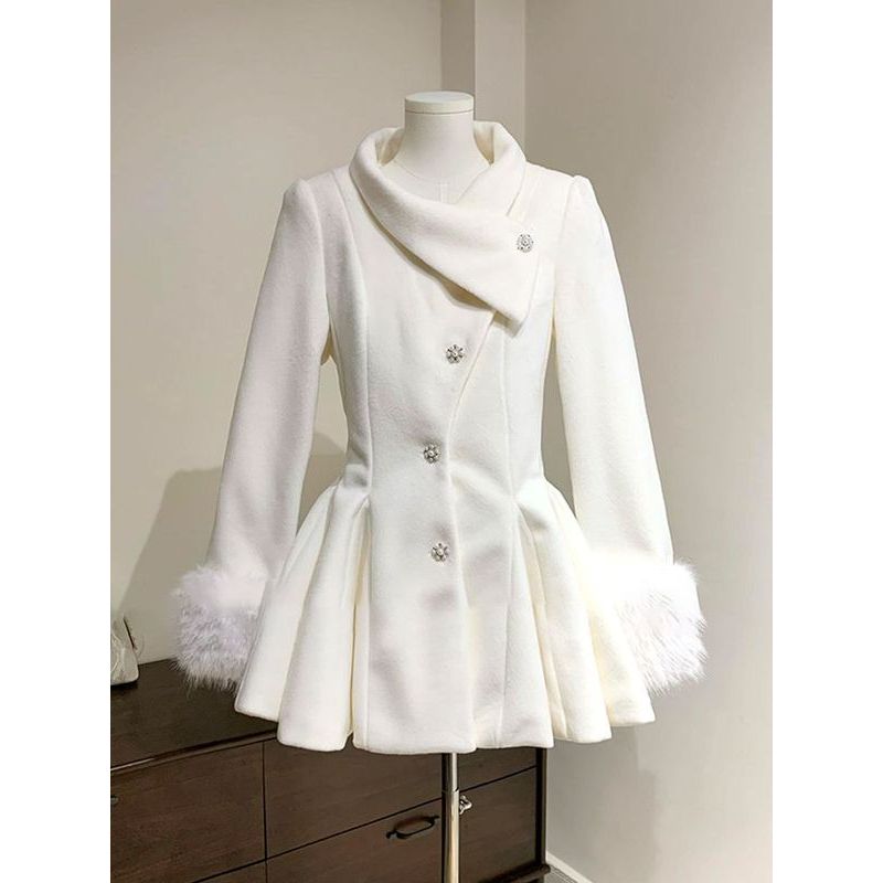 Luoman Daughter French Gentle Lady ปกไม่สม่ําเสมอชุดเอวแคบทําด้วยผ้าขนสัตว์ Classy Coat ผู้หญิง