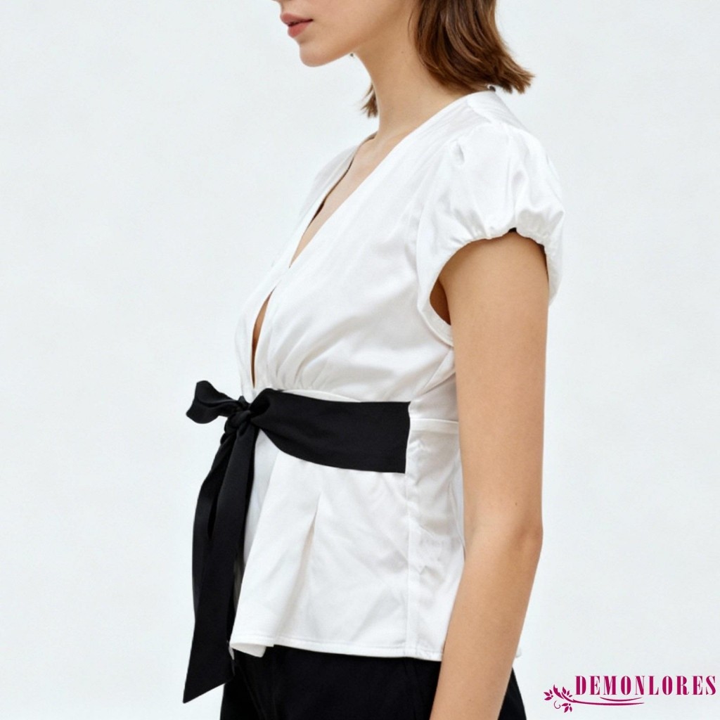 เสื้อเชิ๊ตผ้าบางสูทสำหรับผู้หญิง สไตล์เรียบหรู มีโบว์ด้านหน้าและปกแบบ V ลึก - รูปที่ 5