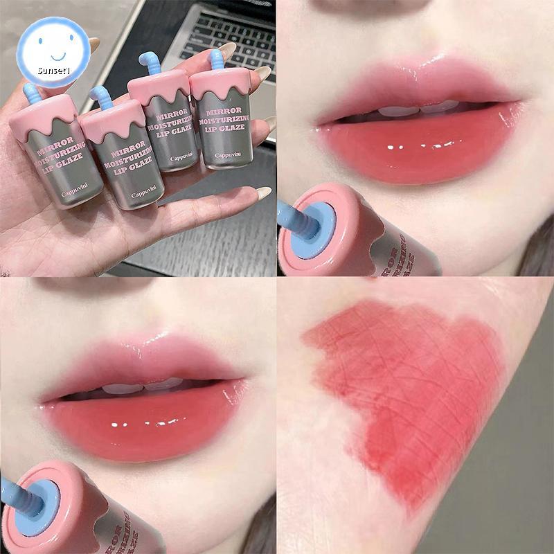 Sunset Cappuvini มินิน่ารักฟางถ้วยรูปร่าง Water Gloss Lip Glaze Moisturizing Lips Clear ลิปสติก Long