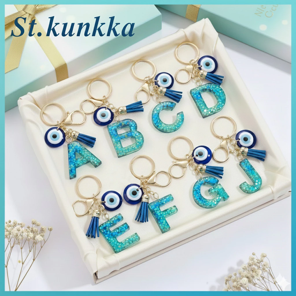 St.kunkka พวงกุญแจตัวอักษร A-Z เรซิ่น Evil Eye ดวงตาปีศาจ เครื่องรางนำโชค พร้อมพู่ สไตล์เกาหลี สำหรับห้อยกระเป๋า ของขวัญ