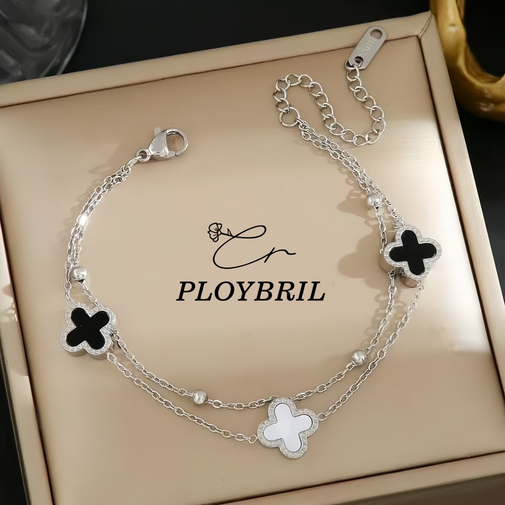 PLOYBRIL เวอร์ชั่นเกาหลี Simple Four-Leaf Clover สร้อยข้อมือหญิงแฟชั่นโซ่สองชั้นไทเทเนียมเหล็ก  อารมณ์หวาน S021