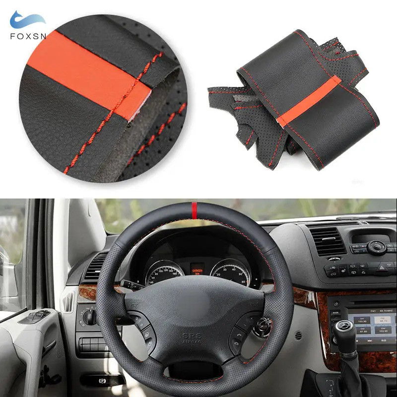 Car Accessories Steering Wheel Cover Leather Trim Black with red strip For Mercedes Benz Vito 2010 -