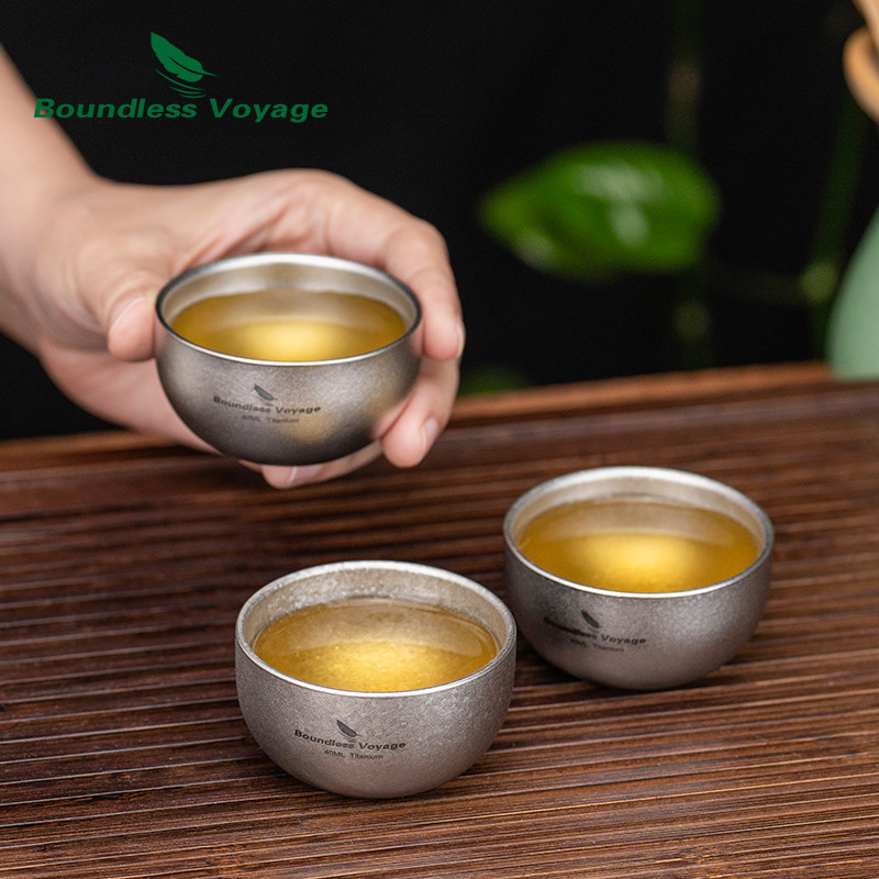 Boundless Voyage ไทเทเนียมคู่ถ้วยมินิถ้วยชาถ้วยสาเกแก้วกาแฟ Camping Drinkware,คริสตัลลีนเงิน, 40ml, 