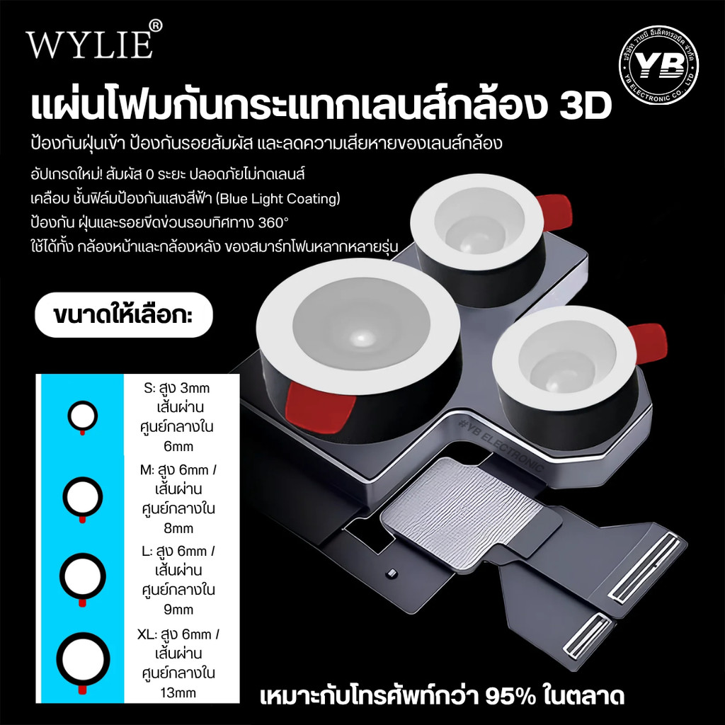 WYLIE 3D แผ่นโฟมกันกระแทกปกป้องเลนส์กล้องหน้า–หลัง สำหรับมือถือทุกรุ่น (70 ชิ้น/แพ็ค)
