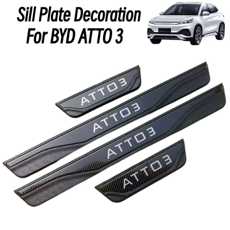 For BYD Atto 3 คาร์บอนประตูรถ Sill Scuff แผ่นยินดีต้อนรับเหยียบสแตนเลสสติกเกอร์ป้องกัน Abs อุปกรณ์ตกแต่งรถยนต์