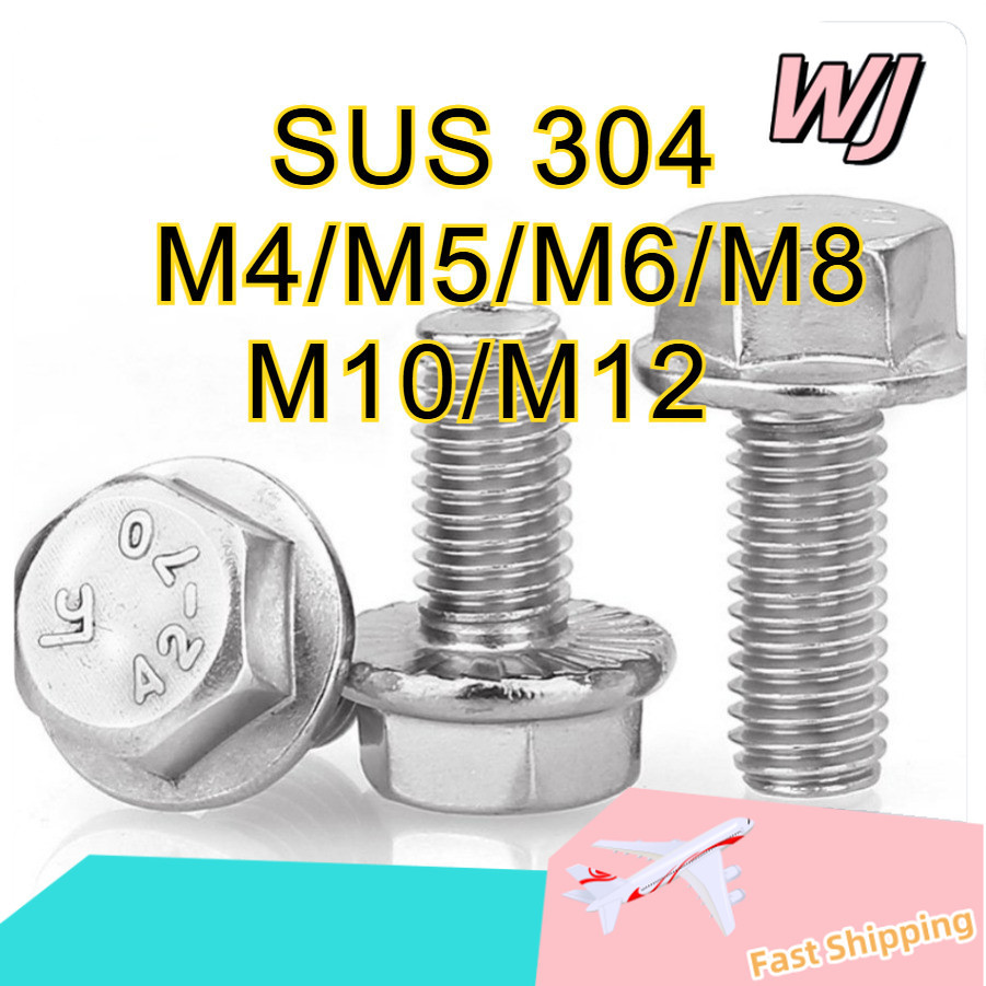 น็อต สกรู หัว 6 เหลี่ยมติดแหวน ใต้คอฟัน โบลท์ สแตนเลส 304 เกลียวมิล ตลอด หยาบ / Flange Hexagon Bolt 