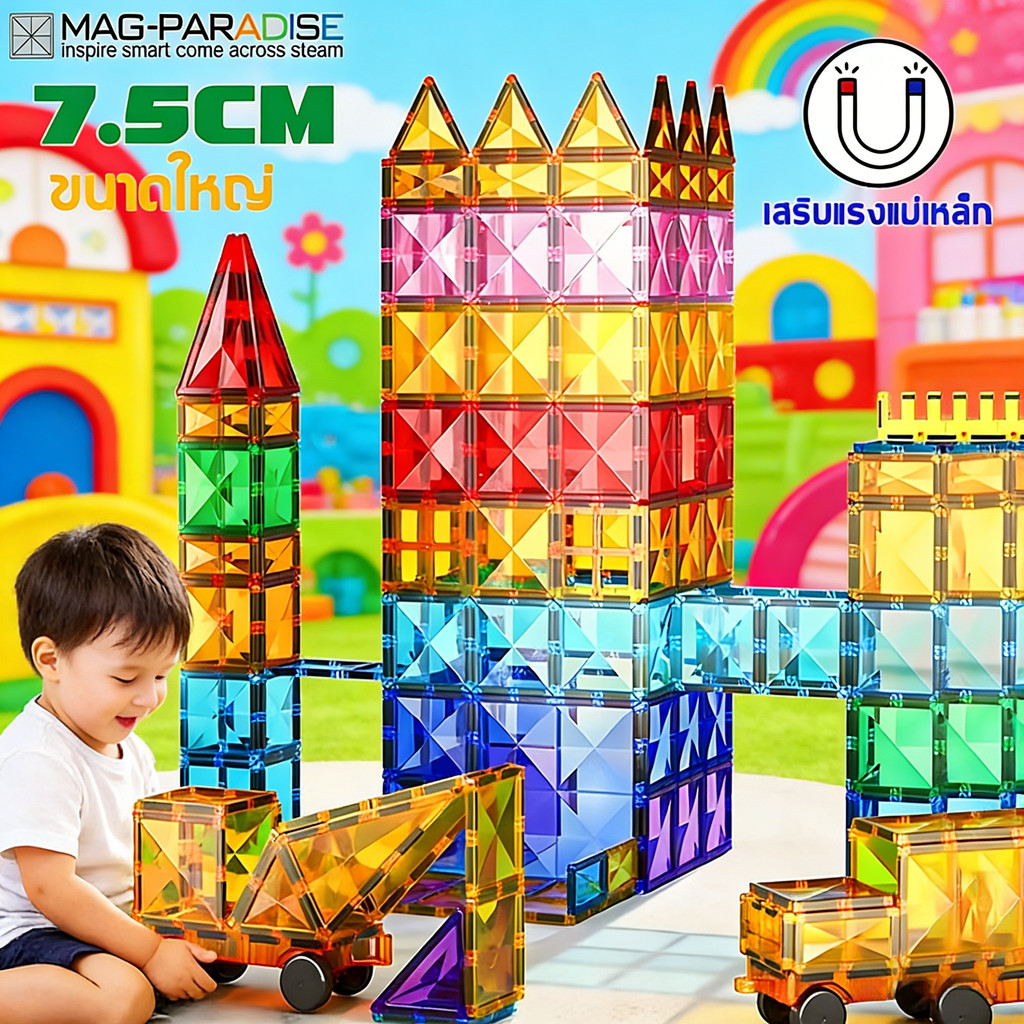 🏰COD🏰 แผ่นตัวต่อแม่เหล็ก บล็อกตัวต่อแม่เหล็ก3D ของเล่นเสริมพัฒนาการ รุ่นขยาย7.5ซม ชุดของเล่น diy magnetic tiles