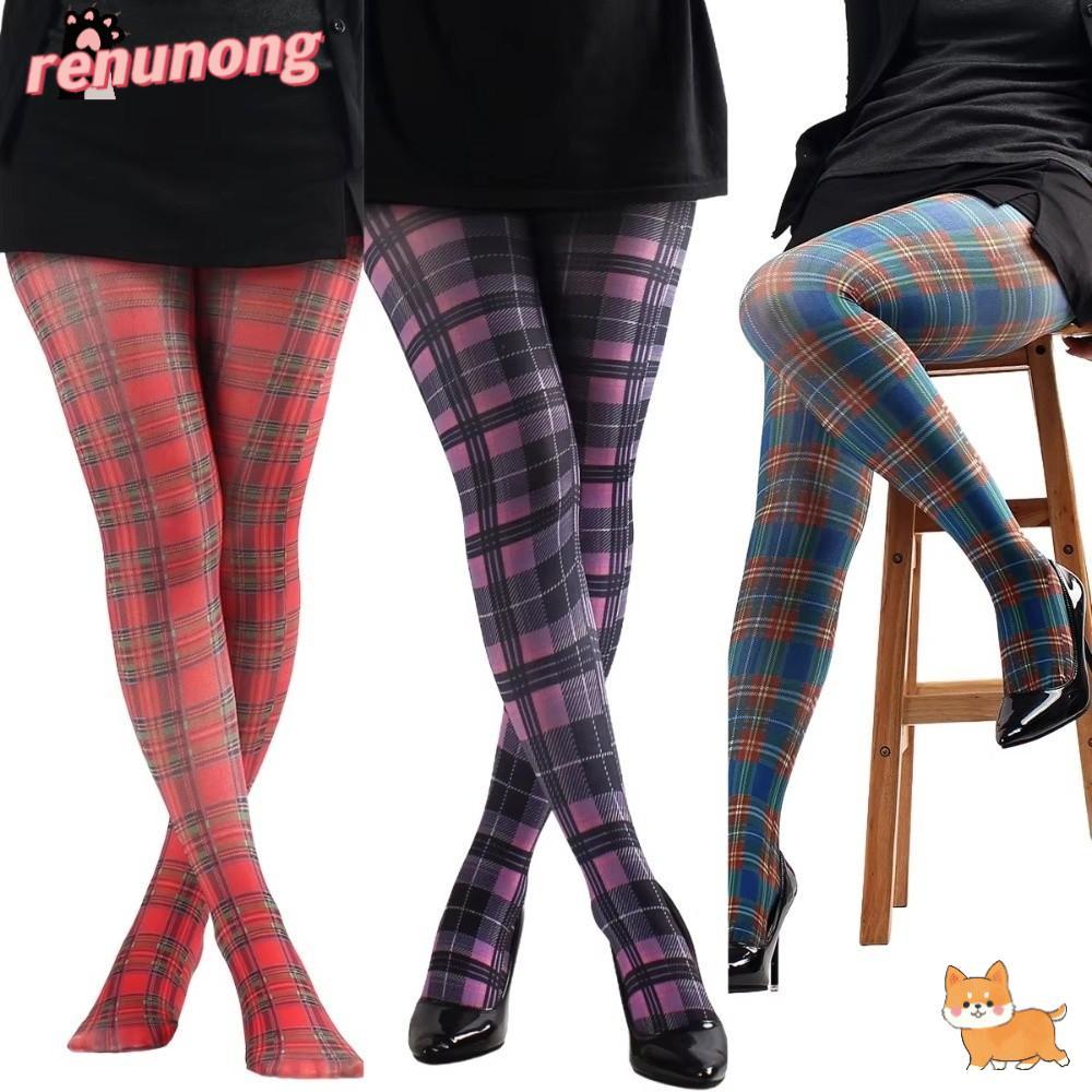 RENUNONG พิมพ์ Tights สีแดง สีม่วง และสีฟ้า แบบ Semi-Opaque กางเกงในระดับสูงลาย Tartan สก๊อตคลาสสิก