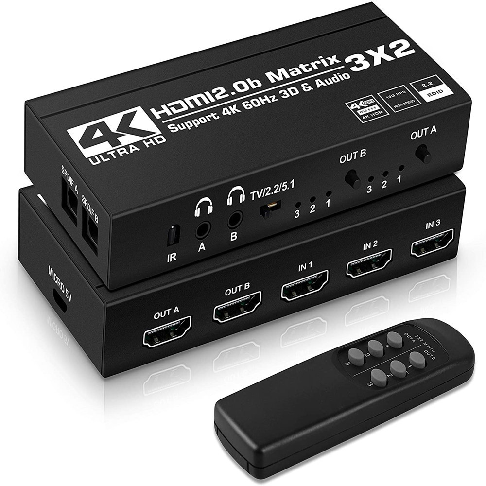 Hdmi hdmi Matrix 3 in 2 out hdmi2.0 Matrix switcher splitter 4k60hz พร้อมเสียงคู่