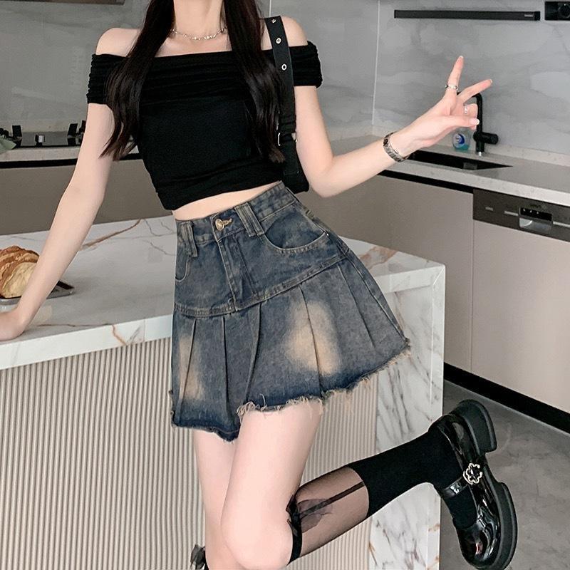 S-6XL กระโปรงยีนส์สั้นทรงเอไลน์รัดรูป ขาดลุ่ย สไตล์เรโทรอเมริกัน สำหรับสาวๆ สุดฮอต กระโปรงพลีท