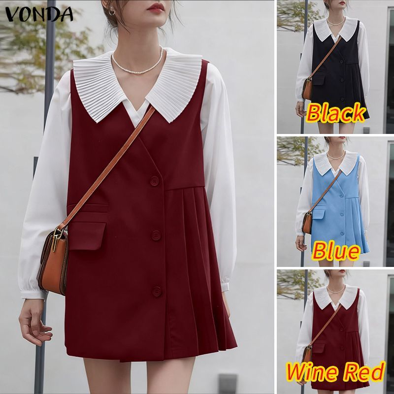 VONDA กระโปรง-mini-A-line สไตล์เกาหลีสำหรับผู้หญิง ปกคอวี พาทเวิร์ค และพลาตเตอรัส — صورة 3