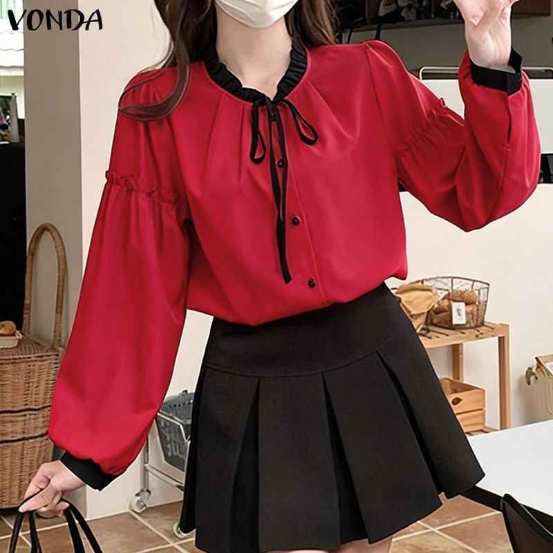 VONDA เสื้อแขนยาวสไตล์เกาหลี ลายบล็อกสีดำและลูกไม้ เปิดหน้าแบบเอช เชิญชวนให้คุณสวมใส่ในสไตล์สบายๆ — صورة 6