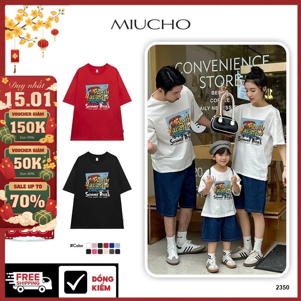 ATD2350 Miucho เสื้อยืดแม่และเด็กทรงหลวมสุดชิค ผ้าคอตตอนยืดนุ่มโปร่งพิมพ์ลายผสม
