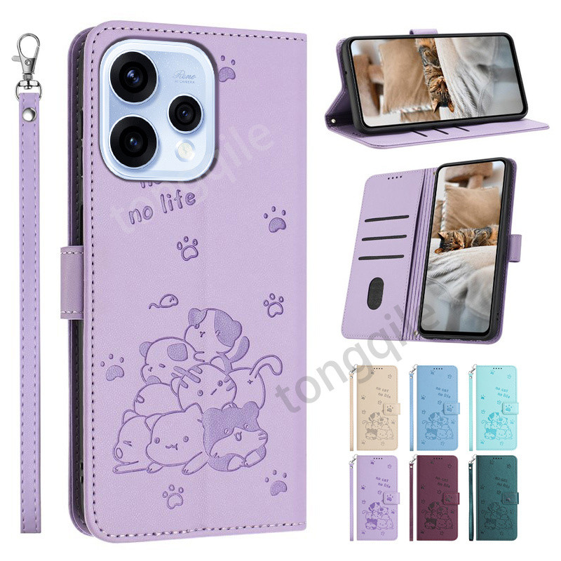 กรณีพลิกสําหรับ OPPO Reno15 Pro Max F Reno15F Reno 15 15F 15Pro 5G 2026 หรูหราหนังฝาครอบโทรศัพท์ปลอกช่องใส่การ์ดกระเป๋าสตางค์แมวรูปแบบ Stand Holder กันกระแทก Anti Drop Lanyard