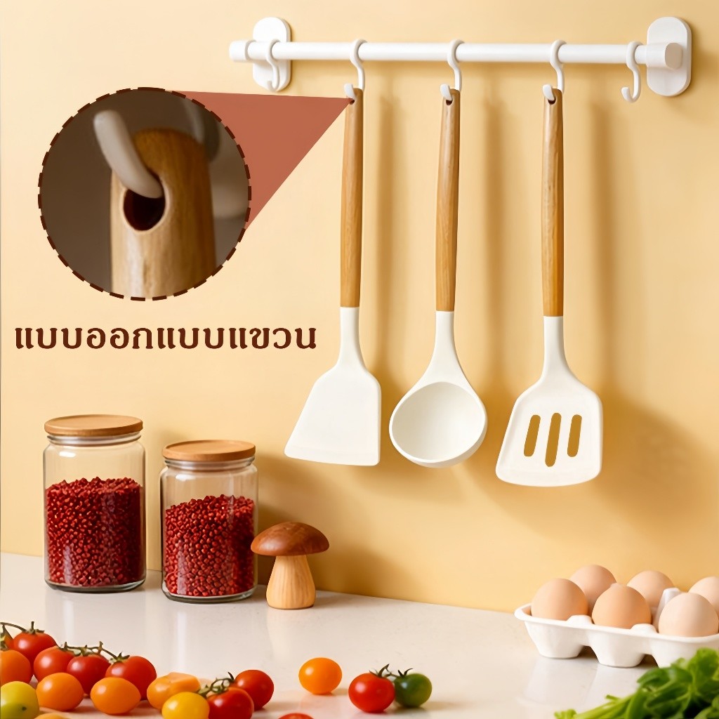 ชุดเครื่องครัว 3ชิ้น ตะหลิวซิลิโคน กระบวยซิลิโคน กระบวยมีรู ด้ามจับไม้ ทนความร้อนสูง พิเศษสำหรับทำอาหาร