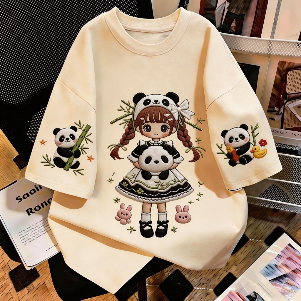 TEE·SHOP🍀 เสื้อยืด oversize เสื้อเท่ๆ เกาหลี "Panda Girl" เสื้อแฟชั่นใ เกาหลีสไตล์ พิมพ์ลาย ผ้านิ่มใส่สบาย COD