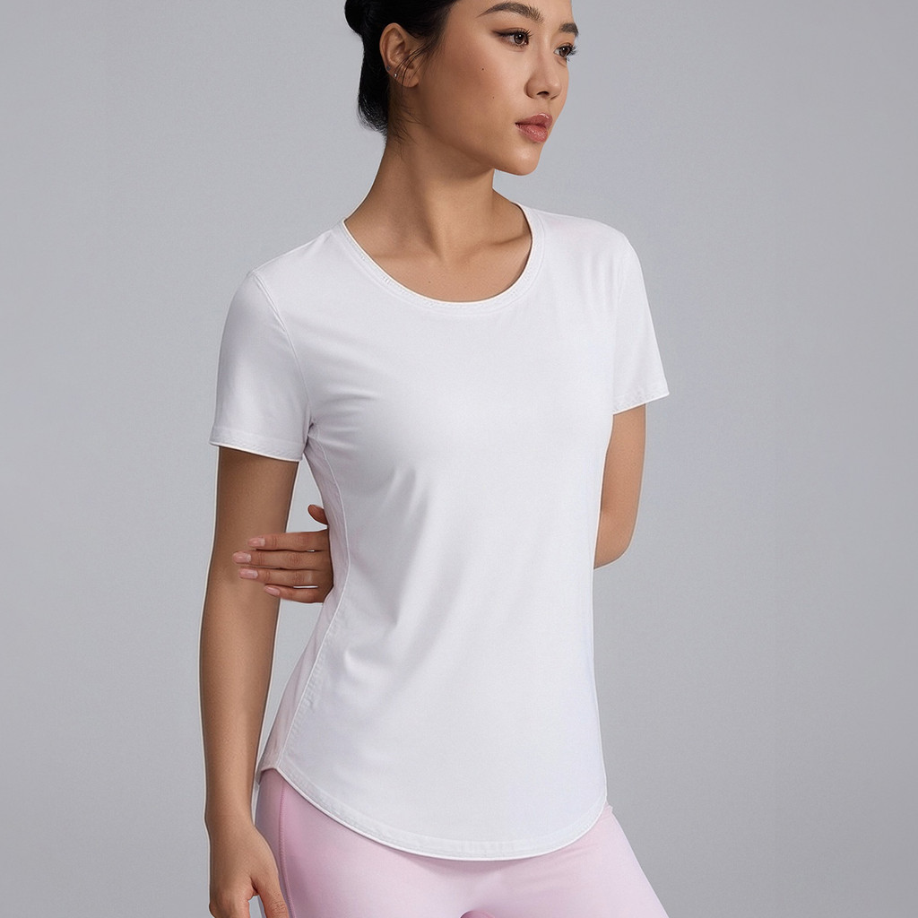 【LASYYOGA】Sports Top ผู้หญิงโค้ง Hem หลวม Breathable Casual เสื้อยืดโยคะวิ่ง