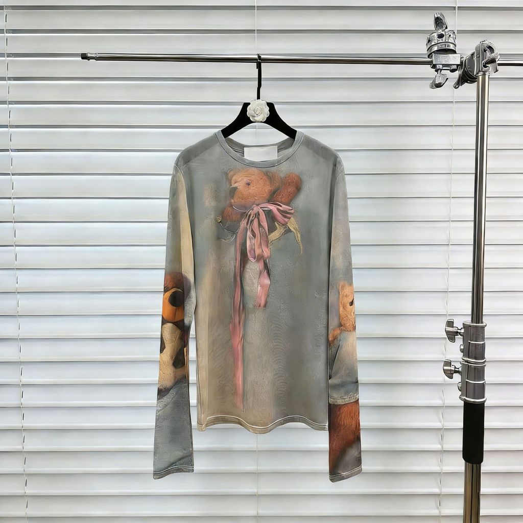 5U4A 2026Spring new design bear print long sleeve T Mesh Slim Fit Shirt Trendy Cool