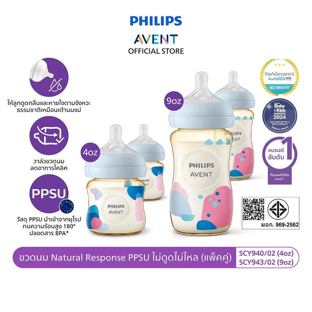 Philips Avent ฟิลิปส์ เอเวนท์ ขวดนม Natural Response PPSU ไม่ดูดไม่ไหล ขนาด 4 / 9 ออนซ์ แพ็คคู่