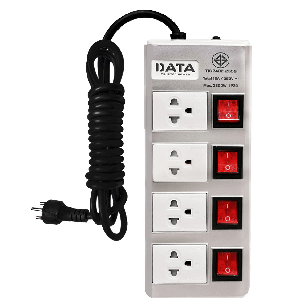 DATA ปลั๊กไฟ 4 ช่อง 4 สวิตซ์ 5 เมตร 16A 3600W ยอดขายอันดับ1