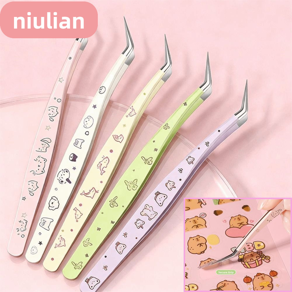 NIULIAN Lashes Extension Tweezer, แหนบขนตาปลอมป้องกันไฟฟ้าสถิตความแม่นยําสูง,การ์ตูนมืออาชีพสแตนเลสพร้อมหนังดัดขนตาเครื่องมือแต่งหน้าความงาม