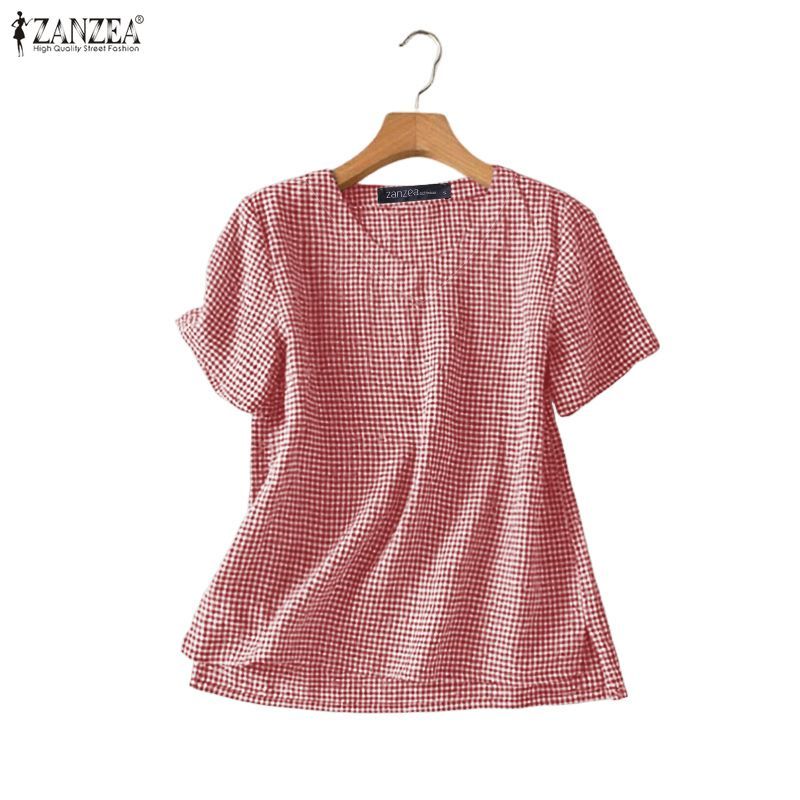 ZANZEA สไตล์เกาหลีวินเทจ สำหรับผู้หญิง ลายตารางหมากฮอส แขนสั้น ทรงหลวม — صورة 6