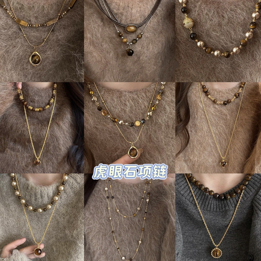 Retro Tiger Eye เรขาคณิตรอบจี้สร้อยคอสไตล์เยอรมัน Clavicle Chain Niche ออกแบบสร้อยคอหญิง KW3I