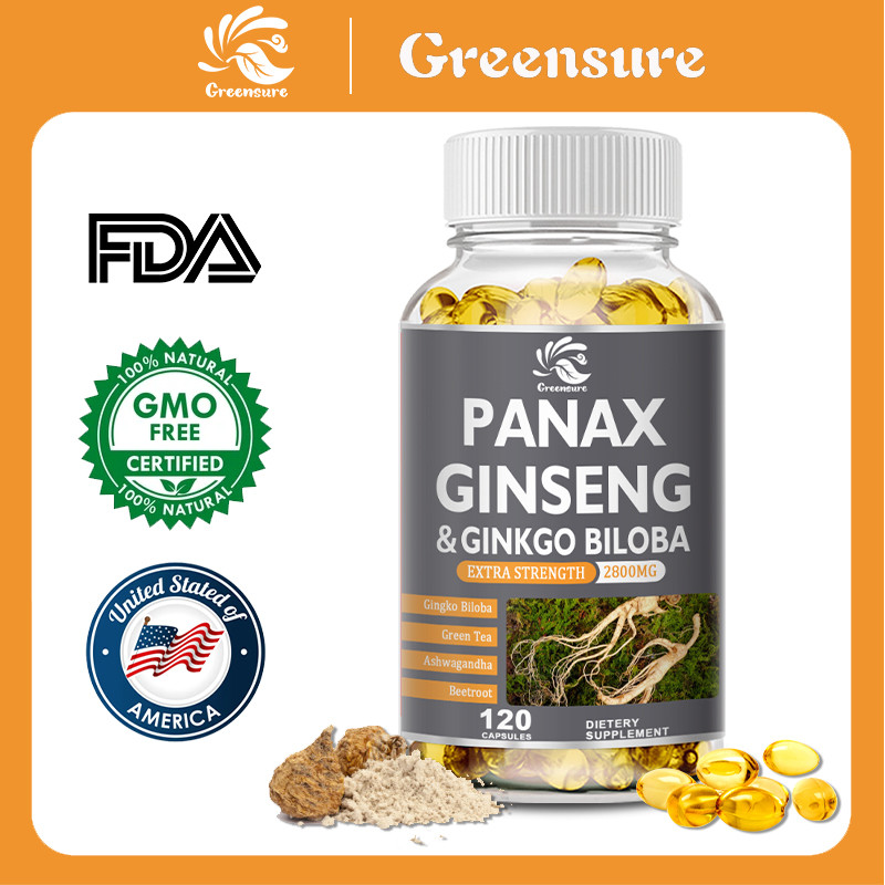 Panax Ginseng & Ginkgo Biloba แคปซูลสําหรับพลังงาน Stiamina และหน่วยความจําสมองพร้อม Ashwagandha