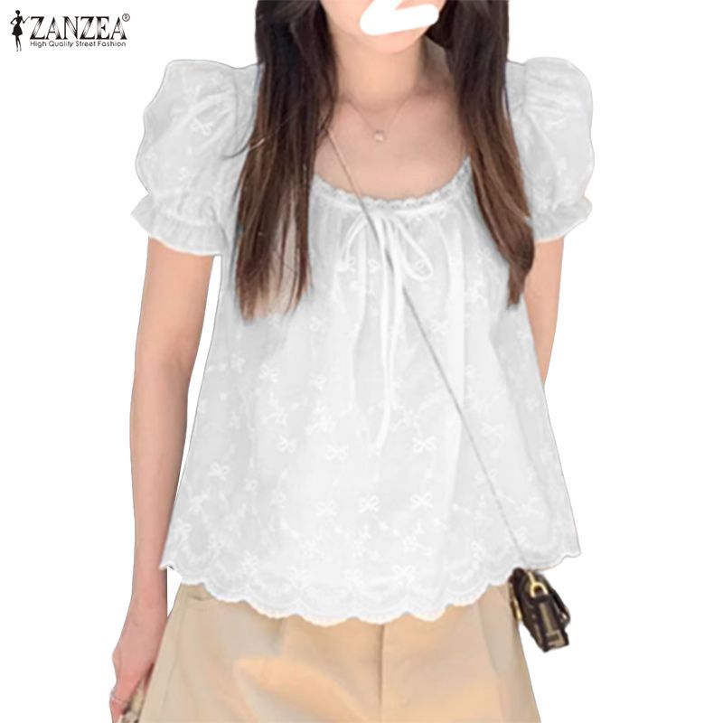 ZANZEA ยูนิคออสสำหรับผู้หญิง สไตล์เกาหลี พัฟแขนลูกไม้ สวมใส่ง่าย