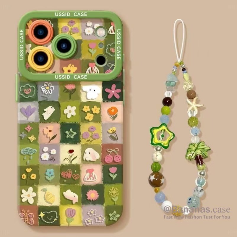 ฤดูใบไม้ผลิ Graffiti ดอกไม้สีเขียวกระต่ายเคสโทรศัพท์ + Lanyard สําหรับ iPhone 17 16 15 14 13 12 11 Pro Max X Xr Xs Max 7 8 Plus SE2020