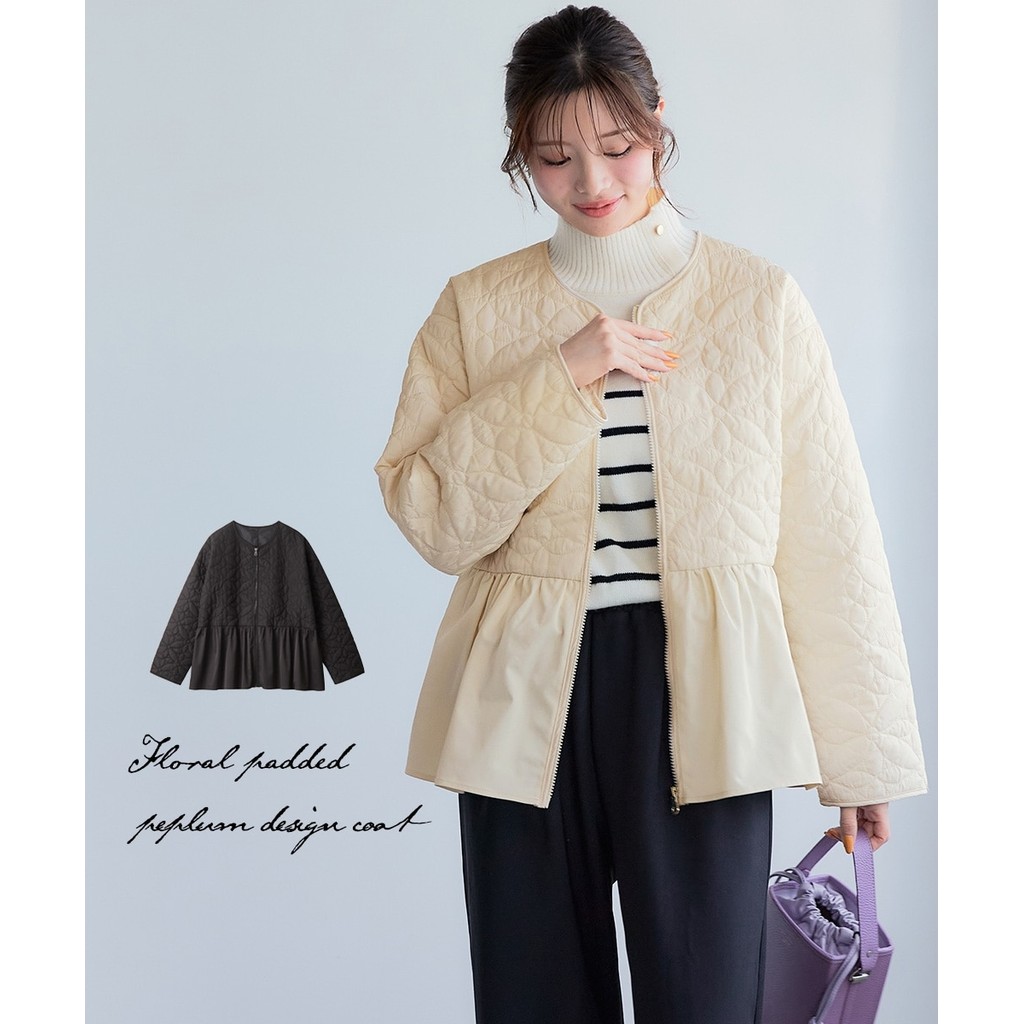 Direct from Japan Nissen_เสื้อโค้ทควิลท์ลายดอกไม้บุใยสังเคราะห์ดีไซน์ระบายสวยหรู คอปกไร้ปก พรางหุ่น สไตล์ญี่ปุ่น สำหรับฤดูใบไม้ร่วงฤดูหนาว