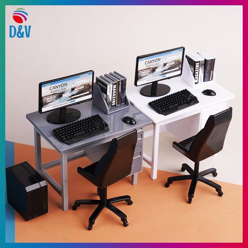 D&V 1 ชุด 1/12 Dollhouse Miniatureputer คีย์บอร์ดโต๊ะเก้าอี้ชุด Home Study Room เฟอร์นิเจอร์ตกแต่ง M
