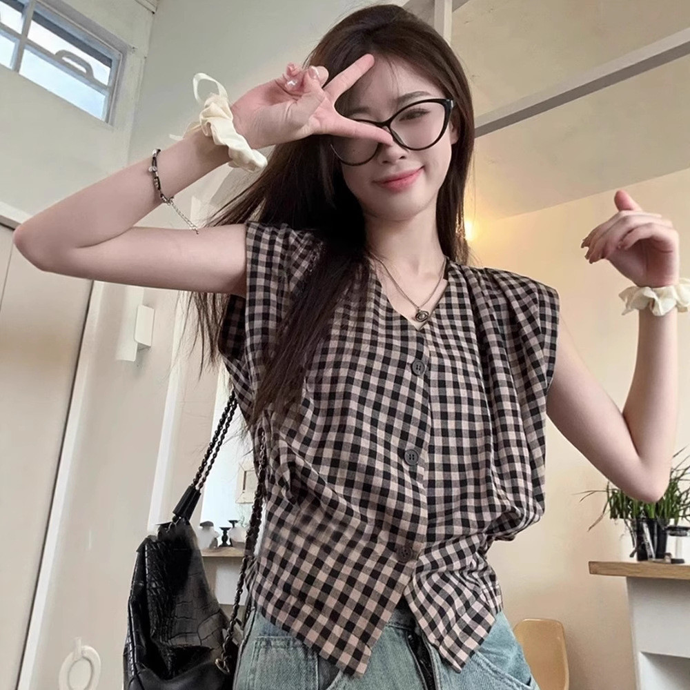 เสื้อแขนกุดลายสก๊อต สไตล์วินเทจ สำหรับฤดูร้อน สวมใส่ง่ายและคล่องตัว