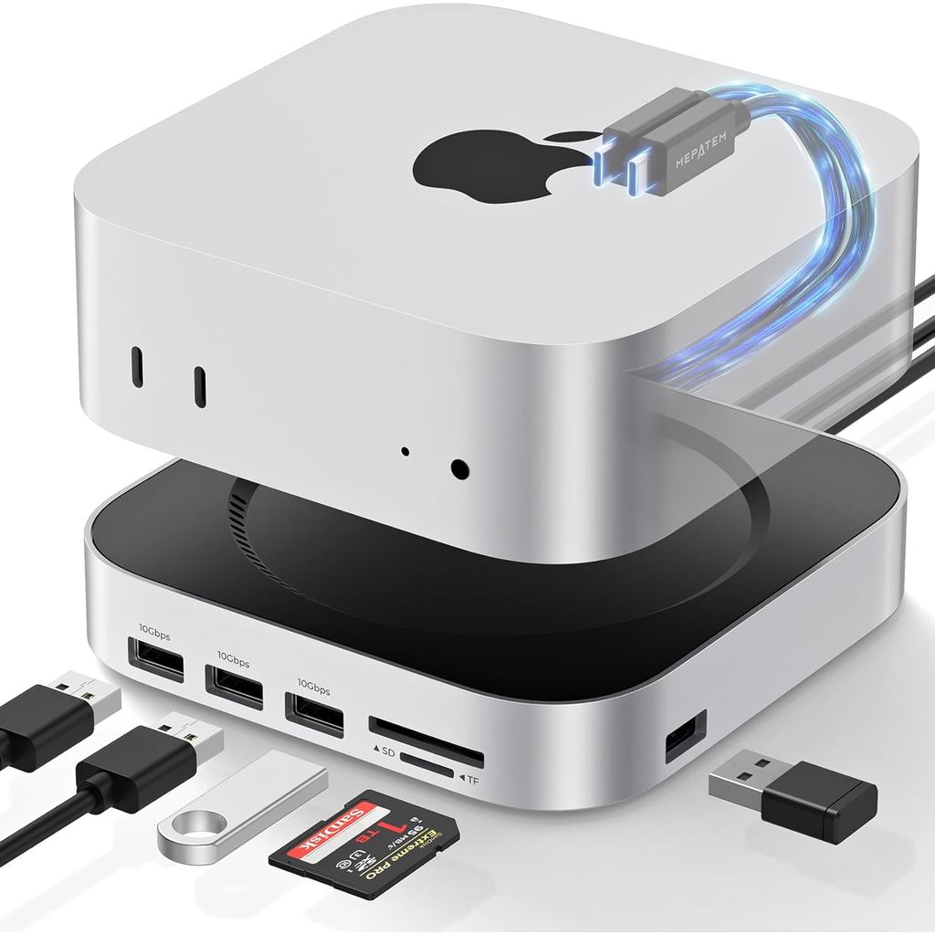 Mac mini M4 Dock, 9 +1 in 1 Mac mini M4 Hub, SSD & Host Dual Ports 20 Gbps Mac mini M4 Dock Station 6xUSB A, SD/TF Card Reader พร้อม 2280 NVMe SSD สําหรับ Mac Mini M4, Mac min