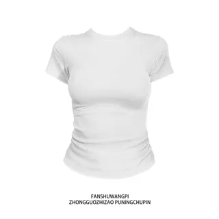 เสื้อยืดสไตล์อเมริกัน แขนสั้น เปิดไหล่ พิมพ์ลายตัวอักษร สีขาว คอกลม เหมาะสำหรับผู้หญิง [เก็บเงินปลายD] สไตล์ทันสมัย