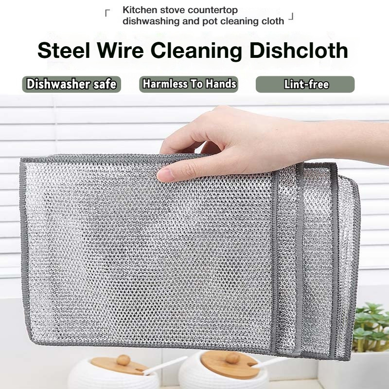 Steel Wool Dish Cloth Kitchen Silver Wire Oil-Absorbing Wipe Cloth Pot Scrubber Thickened Gentle on 