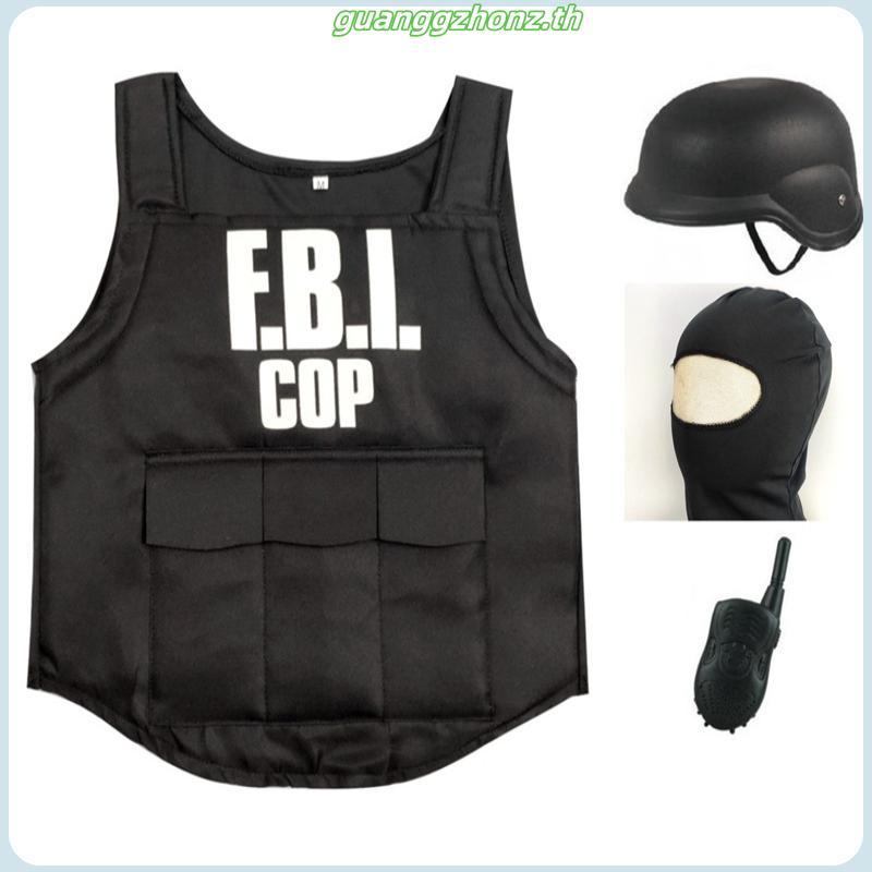 คอสตูมคอสเพลย์สําหรับเด็ก ชุดตํารวจ ชุด 5 ชิ้น พร้อมเสื้อกั๊กหุ้มเกราะ FBI หมวกกันน็อค Walkie-Talkie