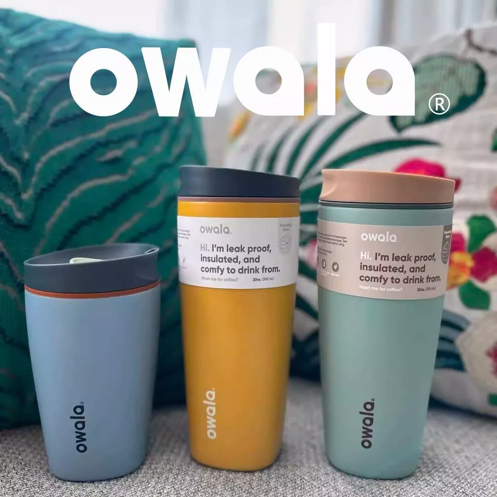 Owala SmoothSip Slider 20oz & 12oz แก้วกาแฟสแตนเลสหุ้มฉนวนสุญญากาศ, ถ้วยเดินทางในสํานักงาน